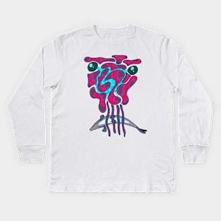 Violet alien crab eating fish Kids Long Sleeve T-Shirt